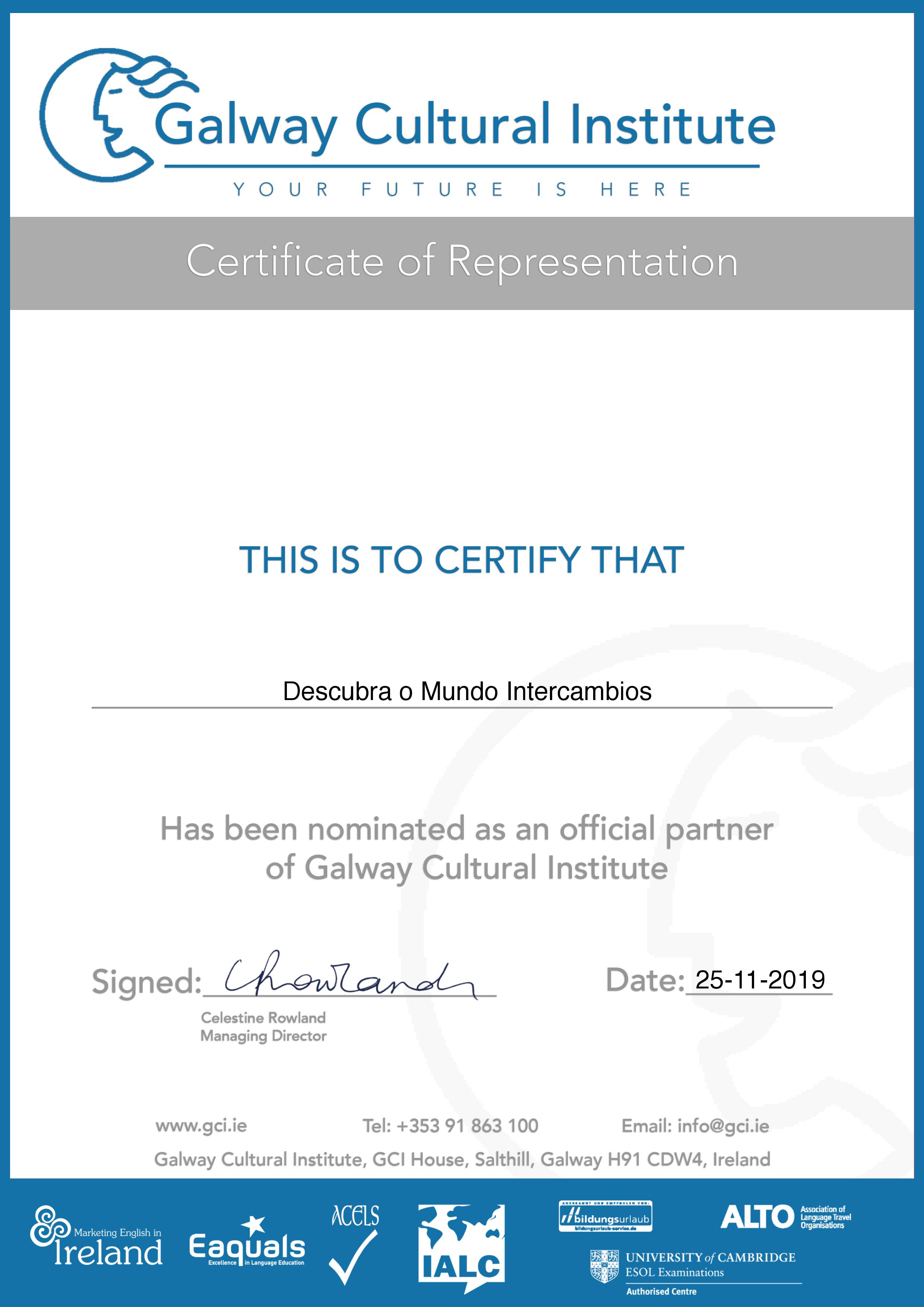 Descubra o Mundo é um agente autorizado da Galway Cultural Institute