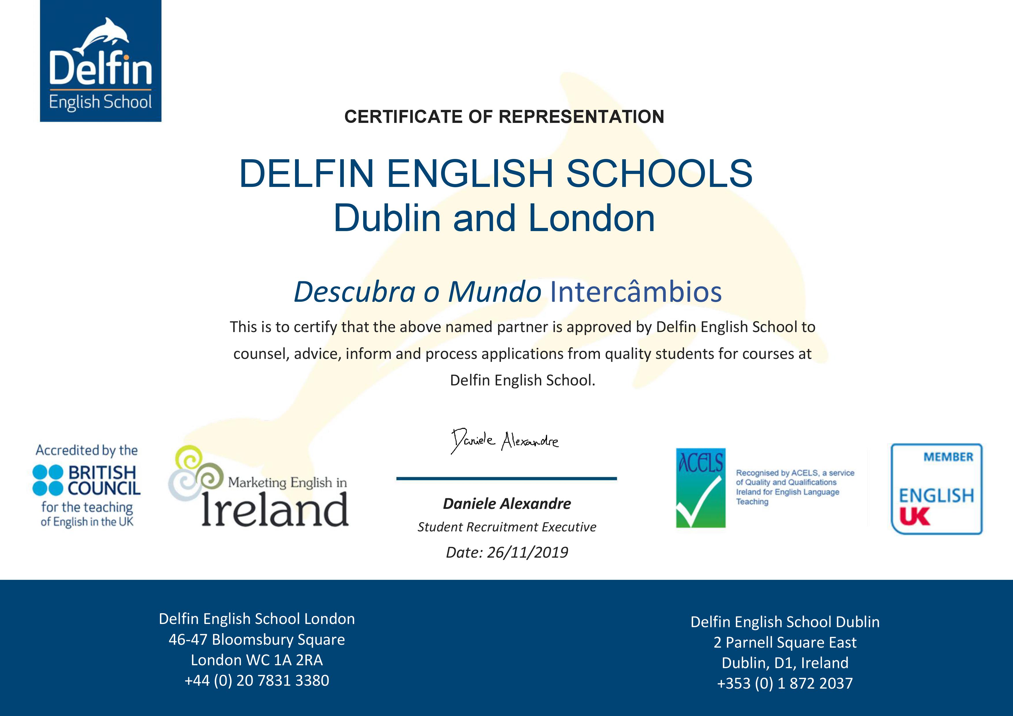 Descubra o Mundo é um agente autorizado da Delfin English School Dublin